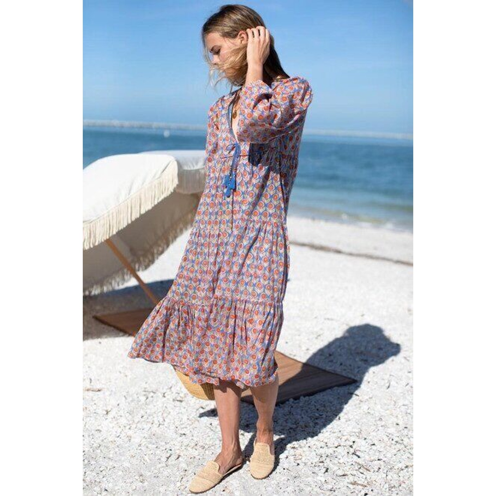 Emerson Fry India Collection Xs Wednesday Blue Flowers Heirloom Dress Nwt Belt — image 5 of 8